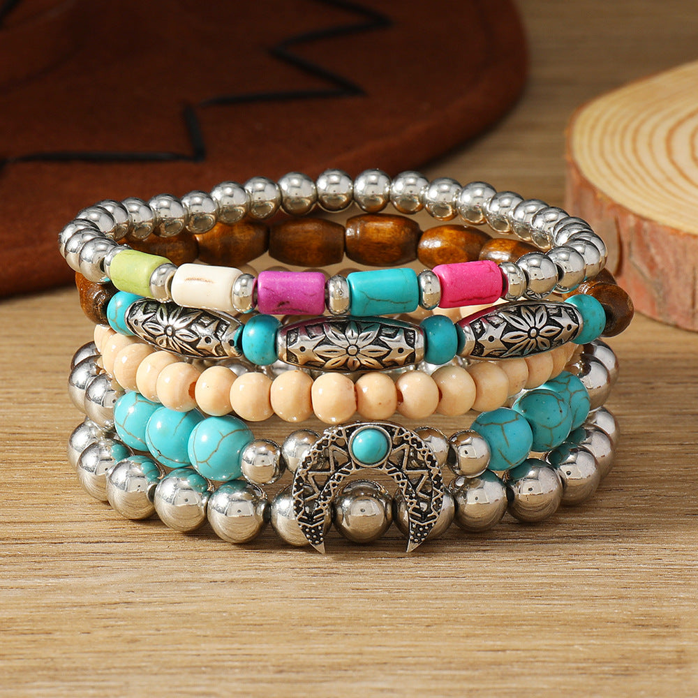 Wholesale Western Turquoise Cattle Head Hat Multi-layer Storestring Bracelet Multi-piece Beaded Bracelet